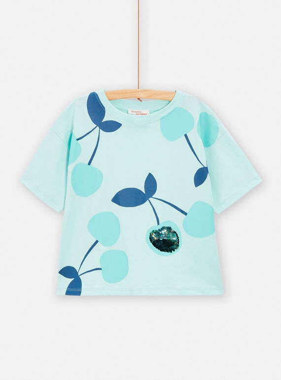 T-shirt verde acqua e blu con stampa ciliegia bambina TAJOTI1 / 24S901B1TMC614